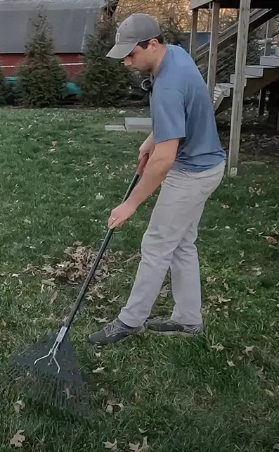 Clear debris from yard using a rake