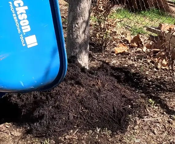 Image of Sign advertising black rubber mulch for sale at Home Depot