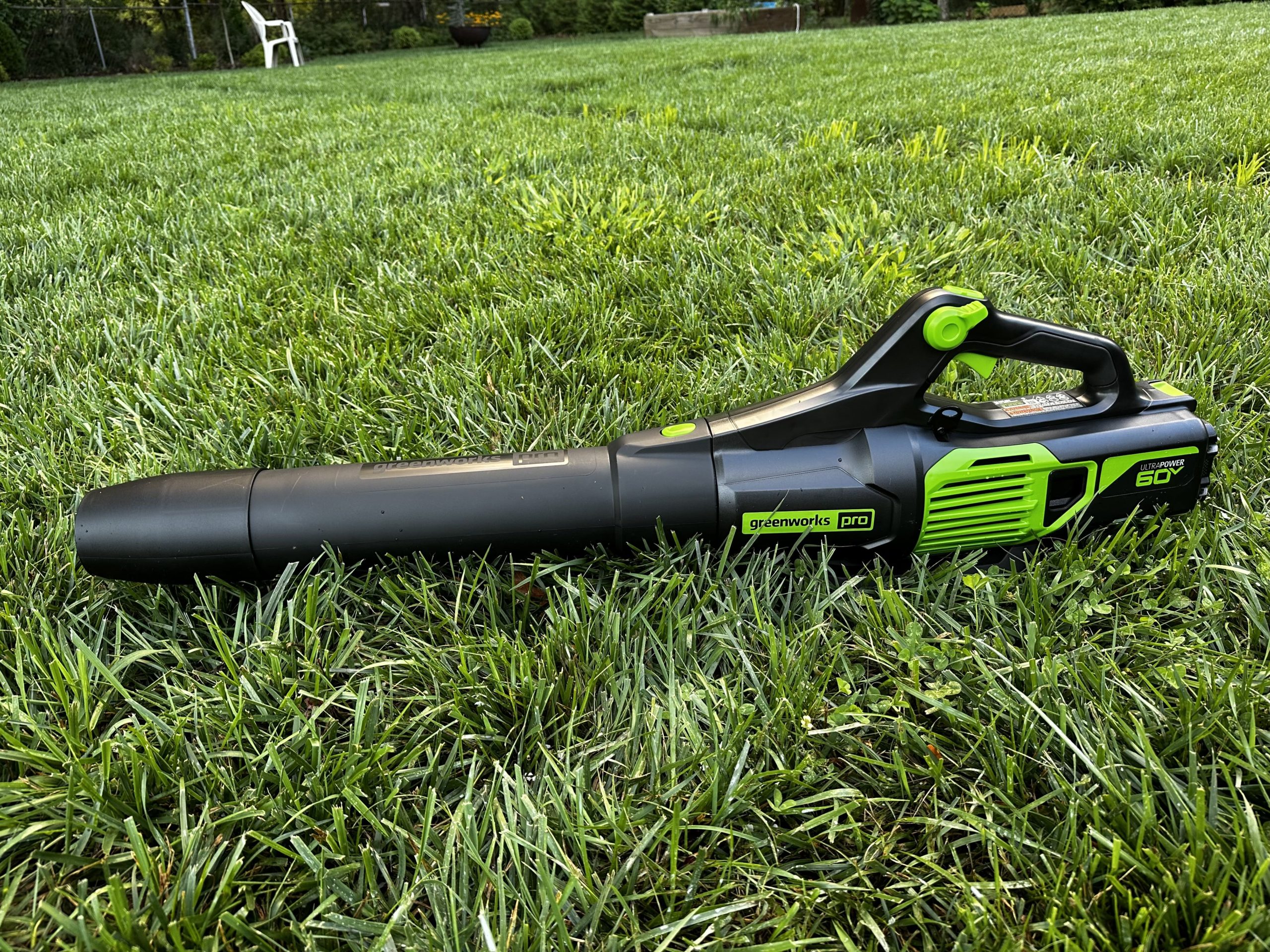 greenworks 60v blower review laying in grass