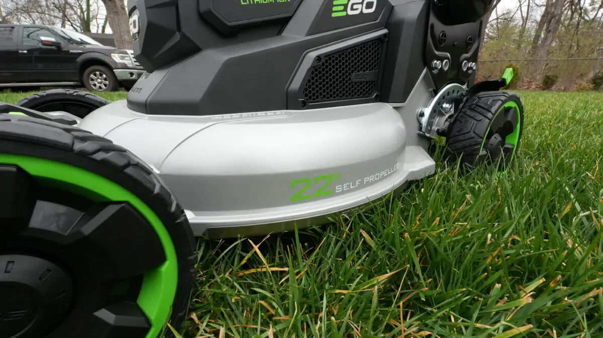 close up of the new ego aluminum deck mower